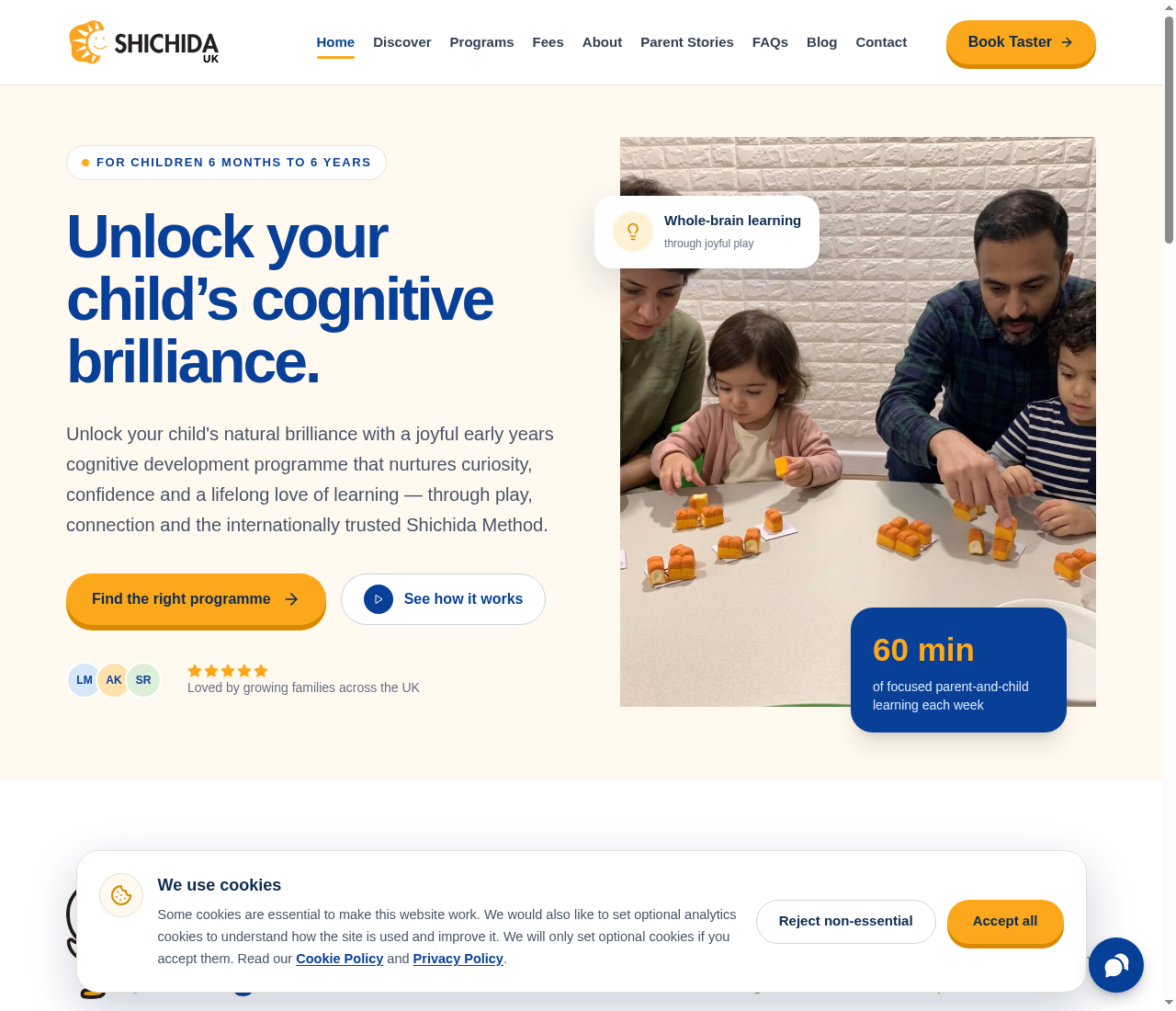 Shichida UK homepage — “Unlock your child's cognitive brilliance”, with programmes for ages six months to six years