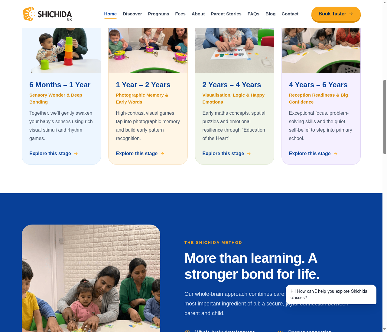 Shichida UK mid-page sections — programme stages by age and the Shichida Method